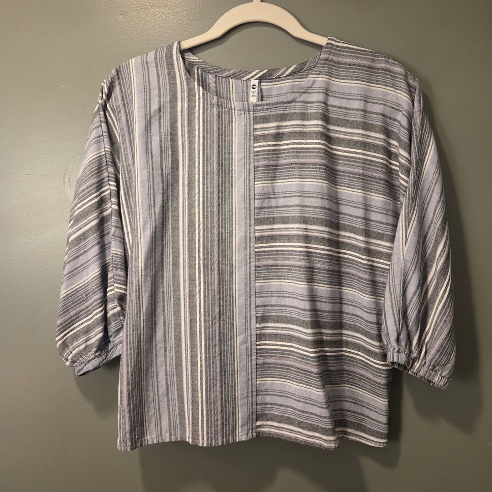 Leo & Nicole Women's Linen‎ Blend Patchwork Striped Blouse M Petite 3/4 Sleeve